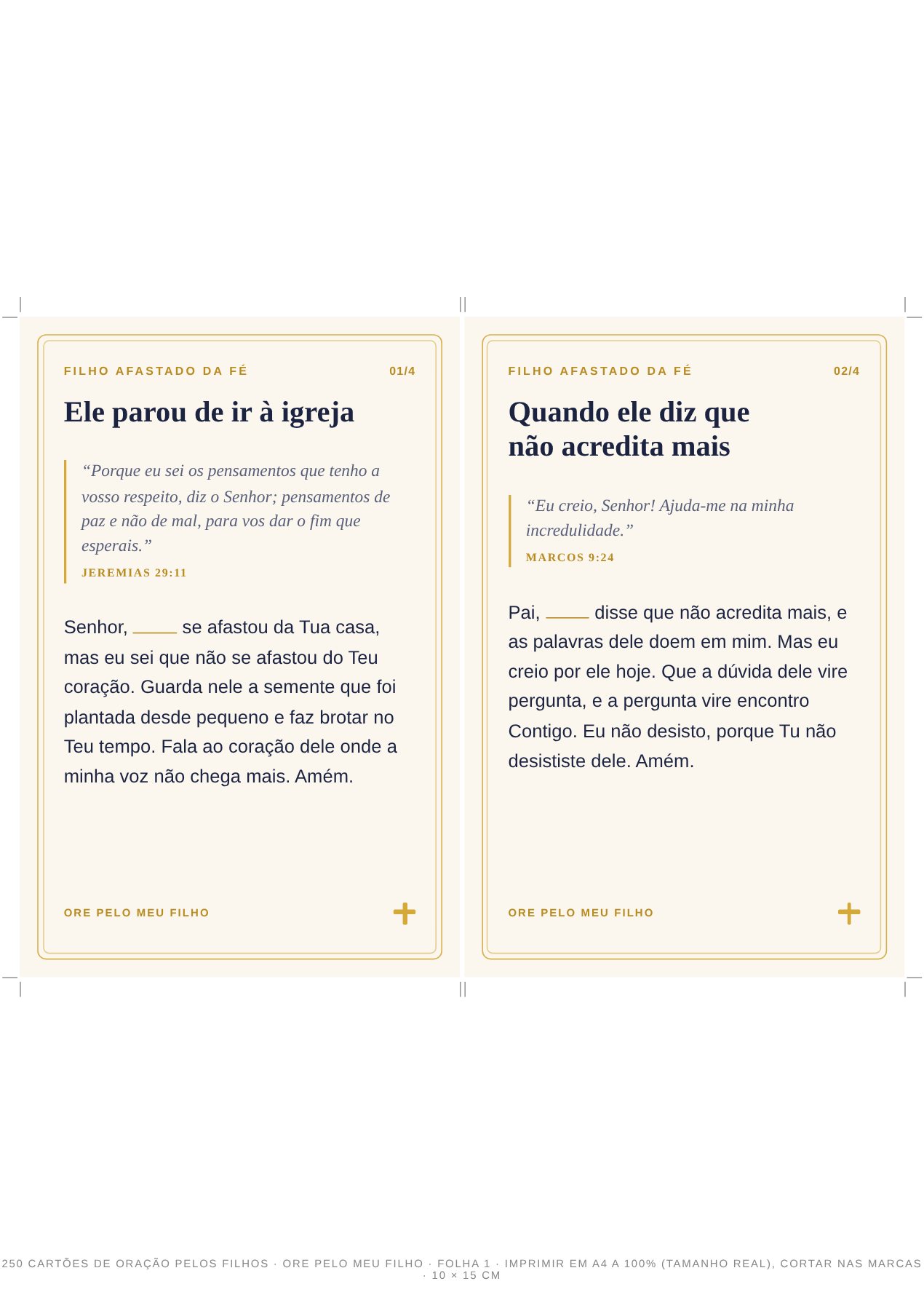 Folha A4 com dois cartões e marcas de corte