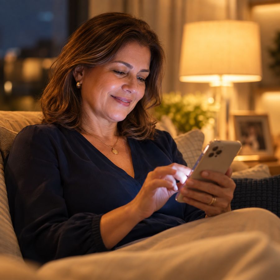 Mãe sorrindo enquanto envia mensagem pelo celular
